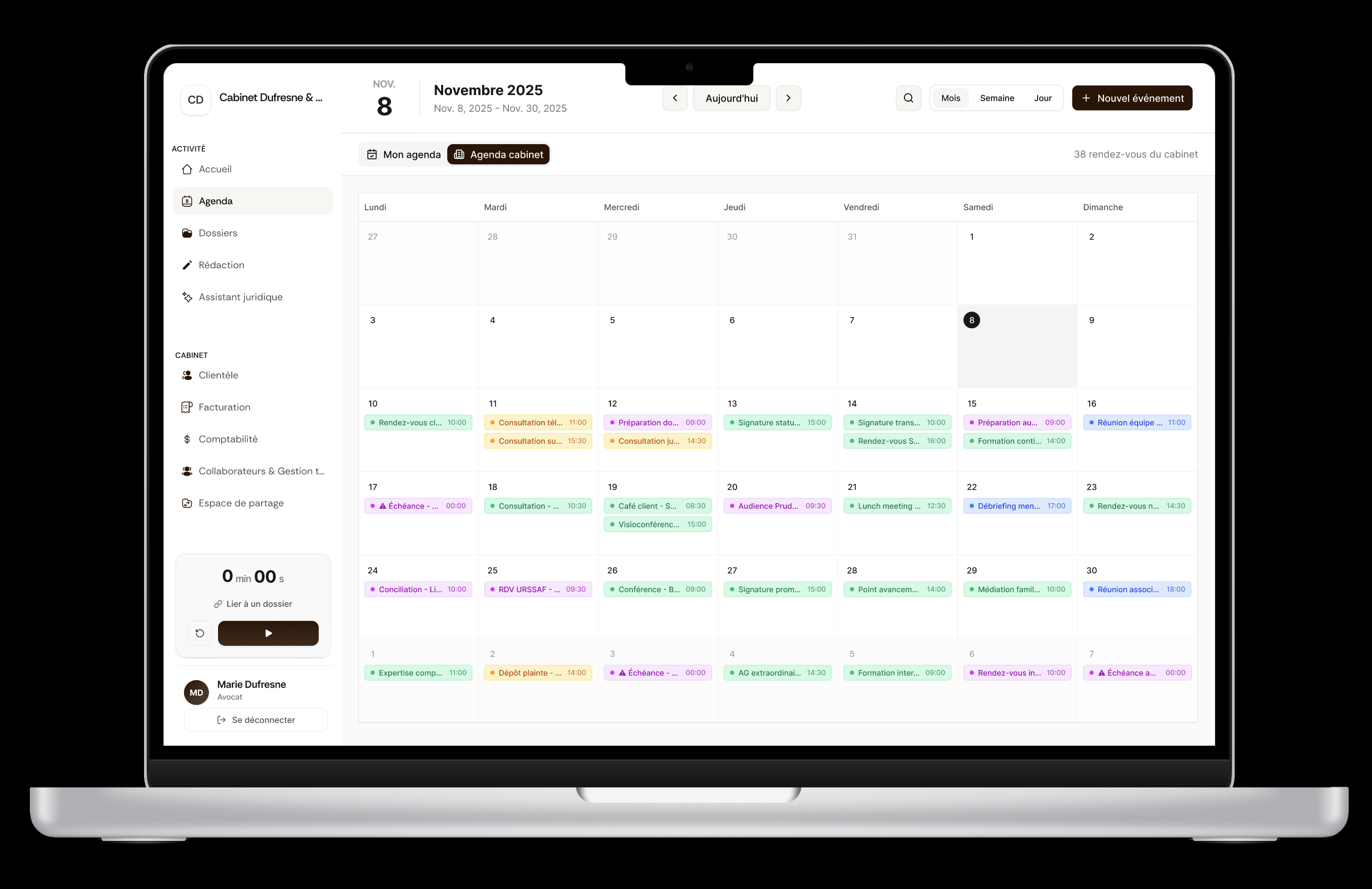 Interface de Lexlane - Logiciel de gestion pour cabinets d'avocats