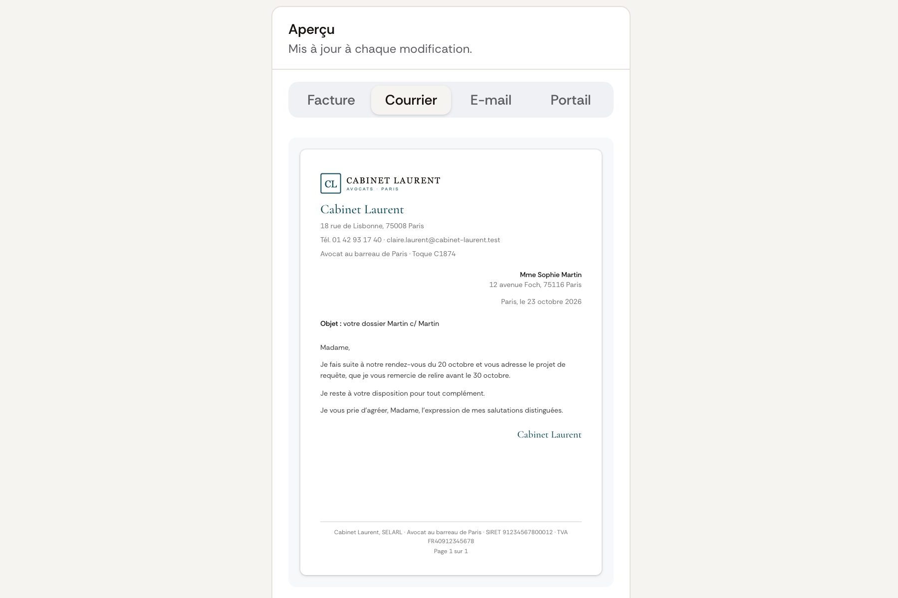 Aperçu d'un courrier aux couleurs du cabinet : logo, coordonnées, couleur d'accent et pied de page