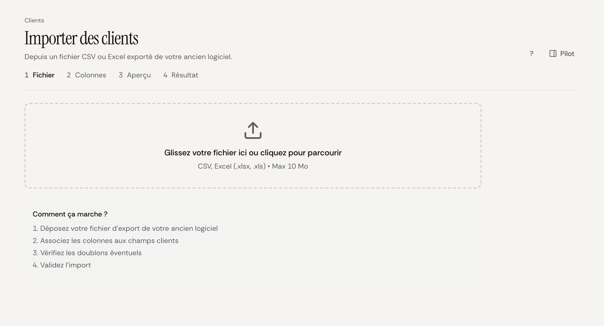 Importer des clients : dépôt d'un fichier CSV ou Excel, puis colonnes, aperçu et résultat