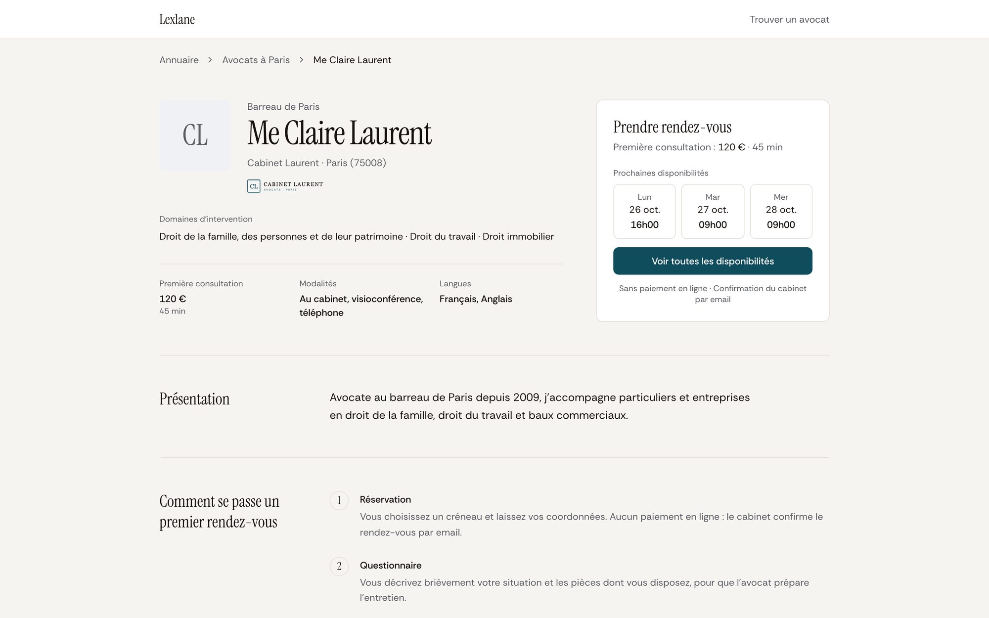 Une fiche publique dans l'annuaire : domaines, tarif de première consultation et prochains créneaux