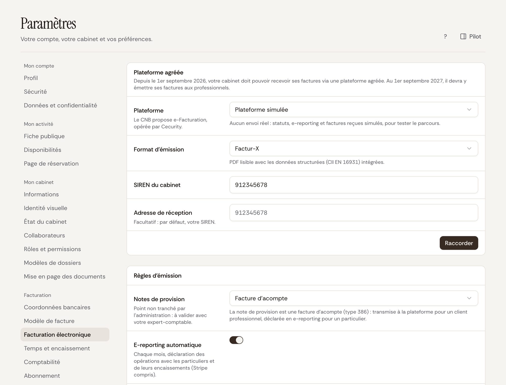 Paramètres, Facturation électronique : plateforme (ici simulée), format d'émission Factur-X et règles d'émission