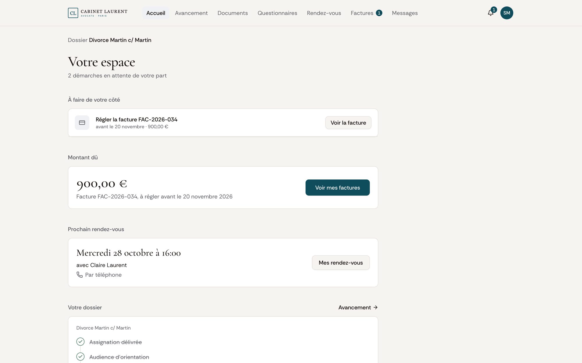 L'accueil du portail client aux couleurs du cabinet : démarche à faire, montant dû et prochain rendez-vous