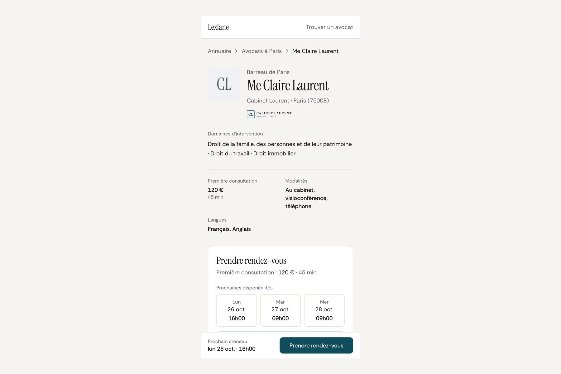 La fiche publique sur téléphone : le bouton « Prendre rendez-vous » et le prochain créneau restent visibles en bas d'écran