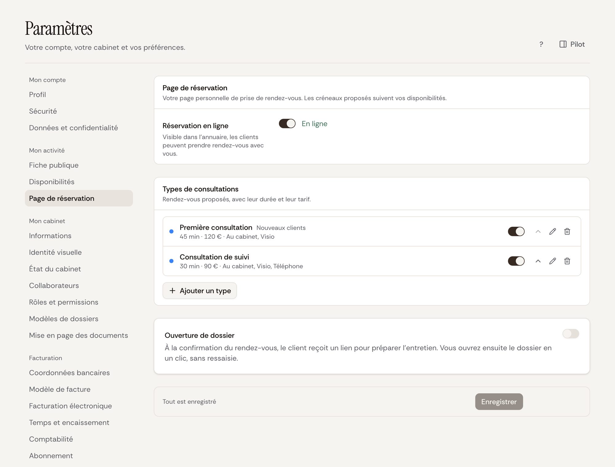 Paramètres, Page de réservation : réservation en ligne, types de consultations et ouverture de dossier