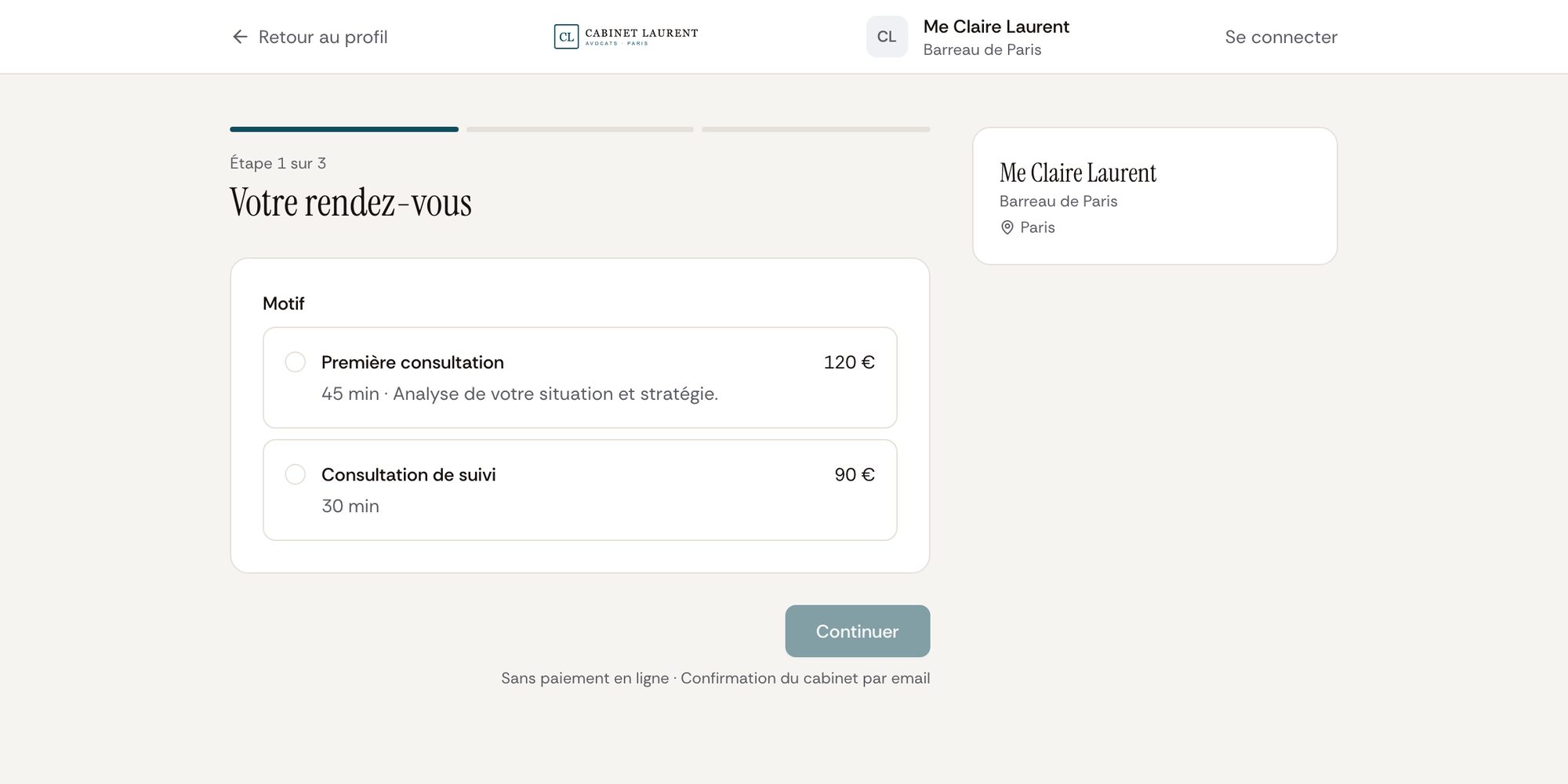 Le tunnel de réservation : choix du motif, avec la mention « Sans paiement en ligne · Confirmation du cabinet par email »