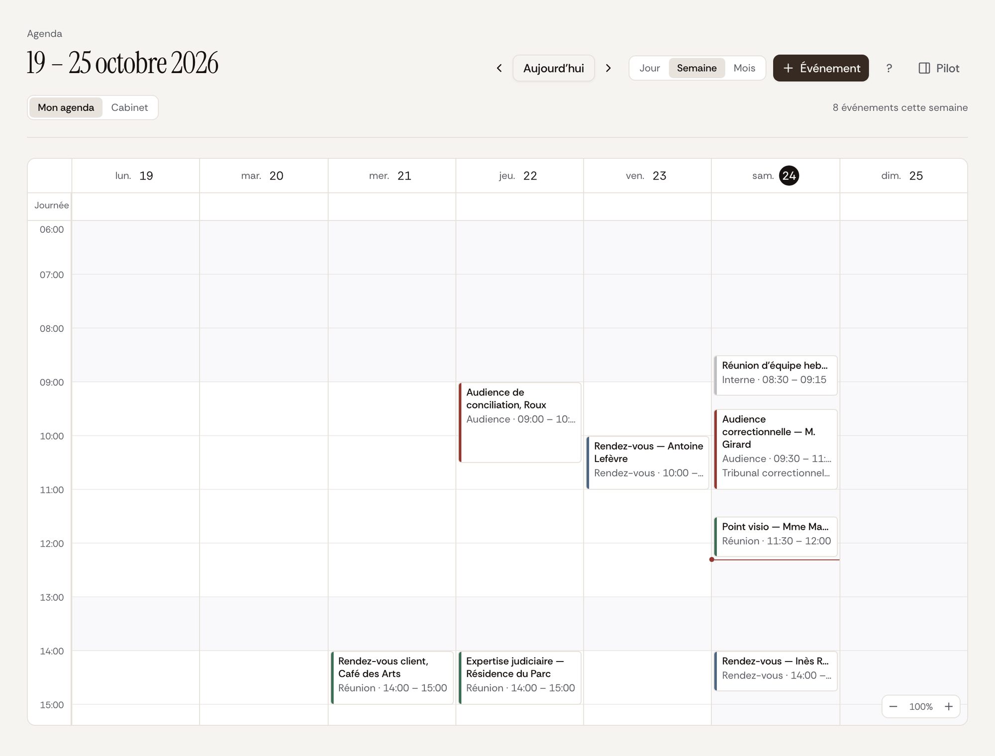 L'agenda en vue semaine, avec la bascule « Mon agenda » et « Cabinet »