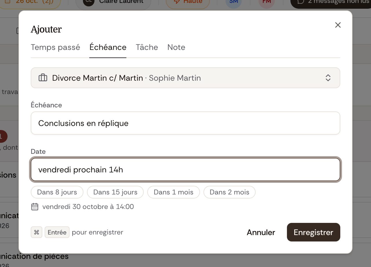La fenêtre Ajouter, onglet Échéance : « vendredi prochain 14h » est compris comme le vendredi 30 octobre à 14 h