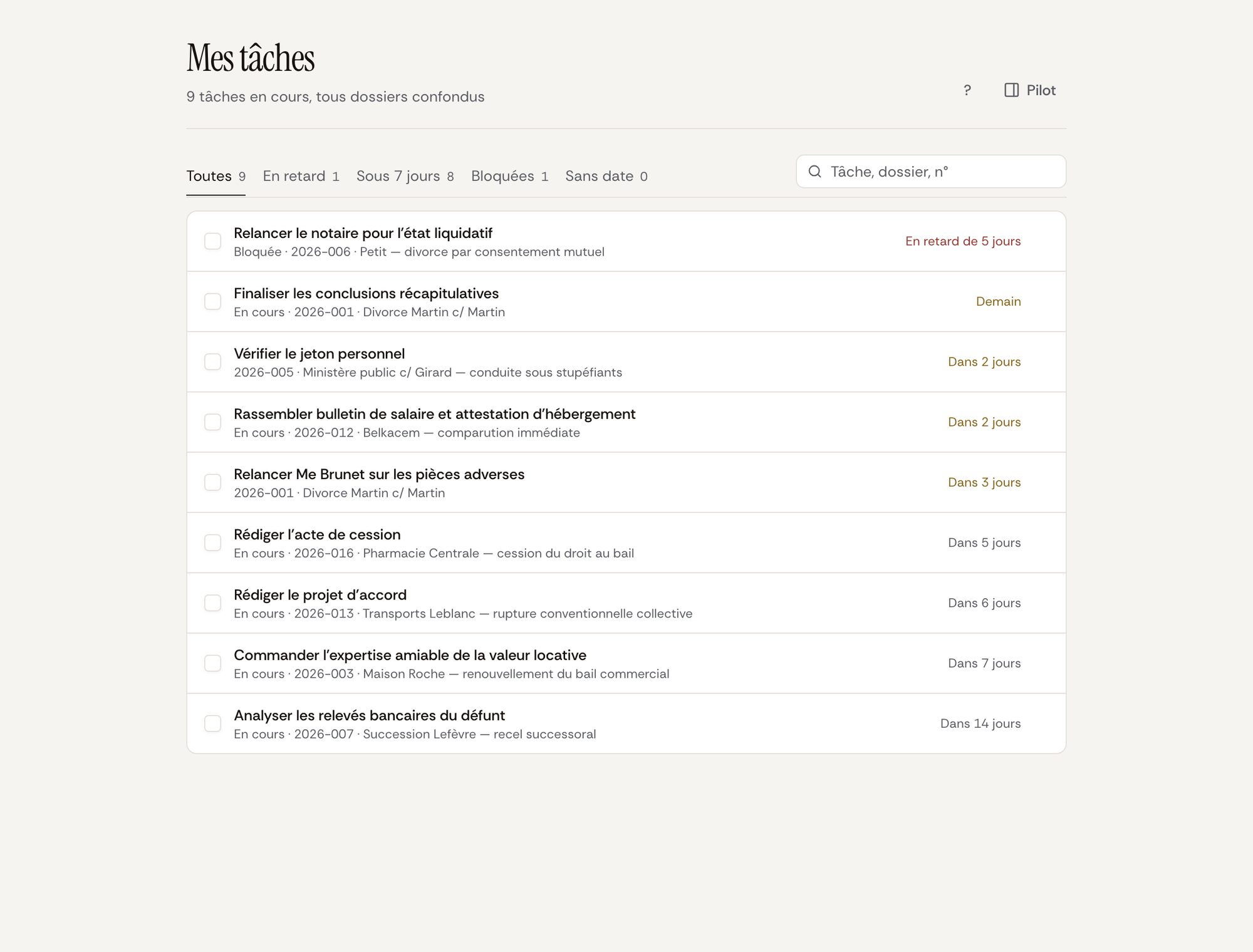 Mes tâches : toutes vos tâches, tous dossiers confondus, avec les filtres En retard, Sous 7 jours et Bloquées