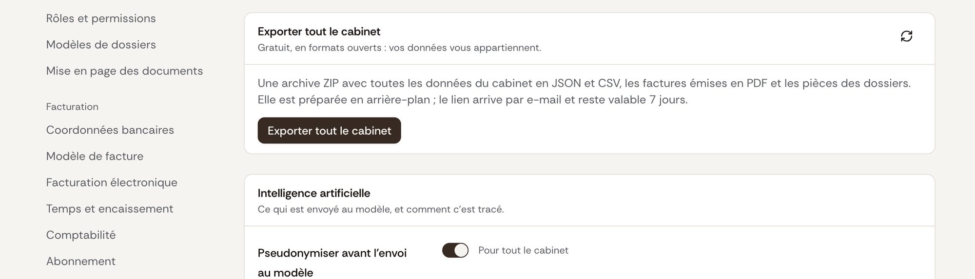 Paramètres, Données et confidentialité : la pseudonymisation avant l'envoi au modèle, activée pour tout le cabinet